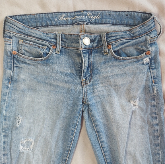 American Eagle Low Rise Skinny Distressed Denim Blue Jeans, 2 - Picture 2 of 9